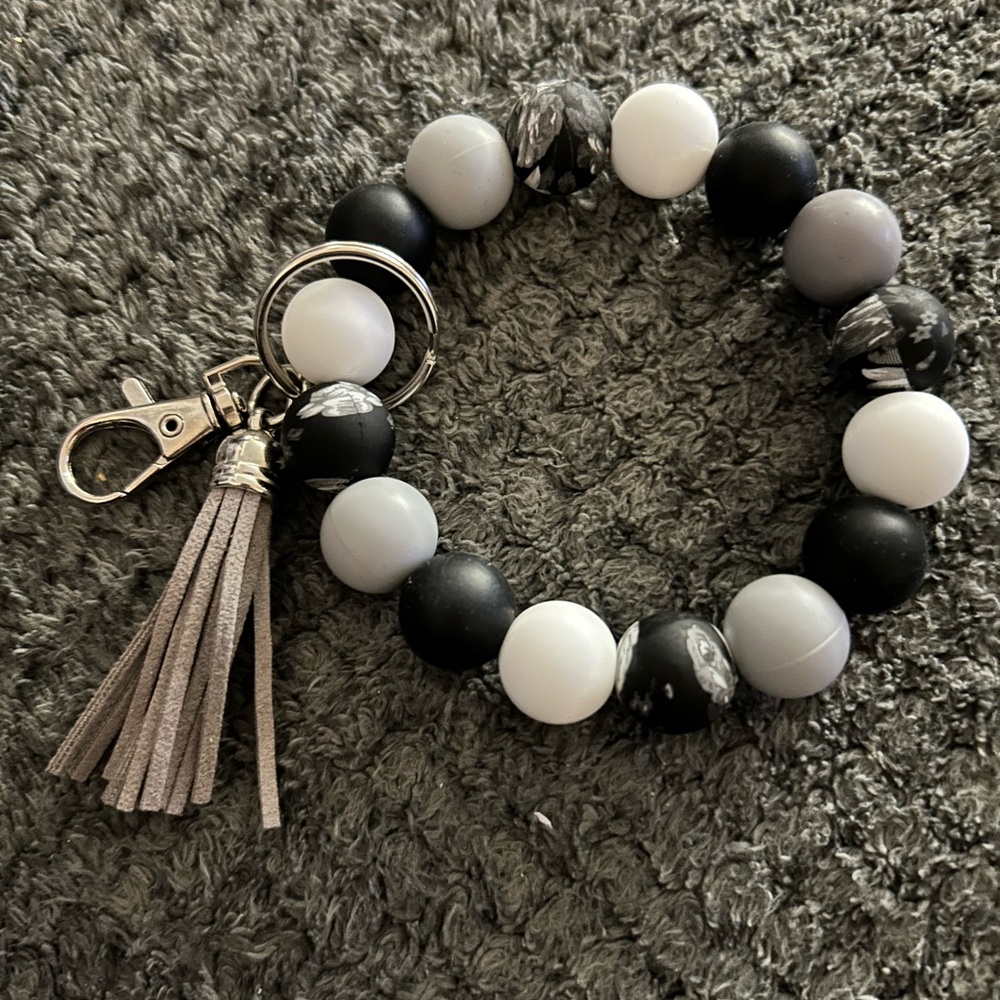 Hand Crafted Black, White & Gray Beaded Keychain Wristlet with Tassel